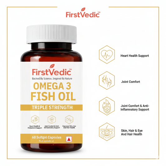 FirstVedic Omega 3 Fish Oil Triple Strength | High EPA & DHA | Supports Heart, Joint & Brain Health | 60 Softgel Capsules